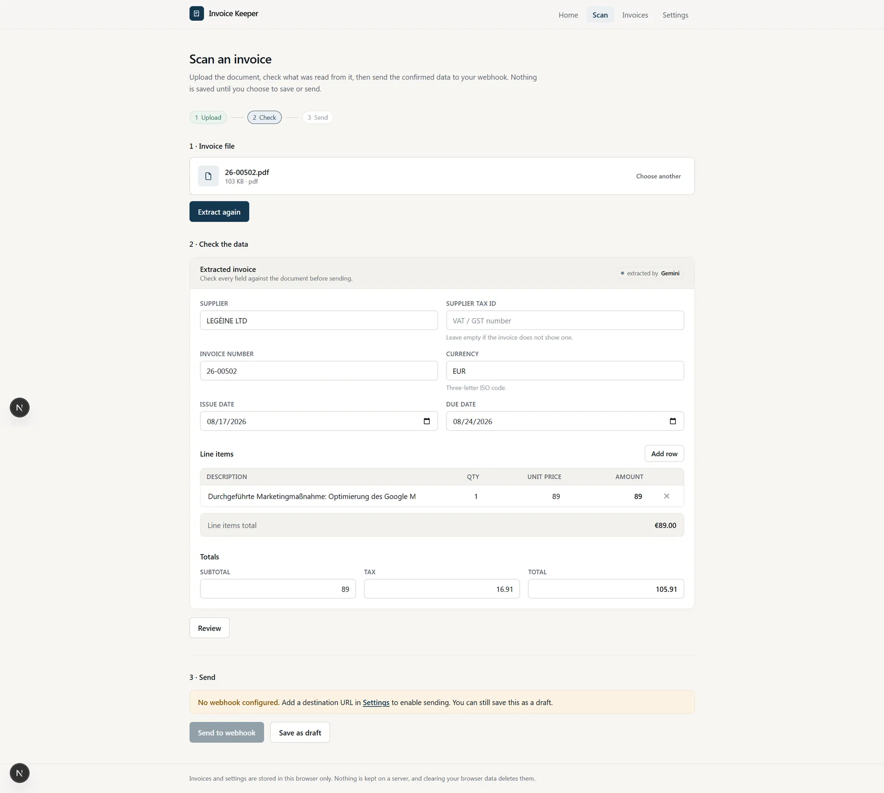 Web-App: das Dokument auf der einen, die ausgelesenen Felder auf der anderen Seite